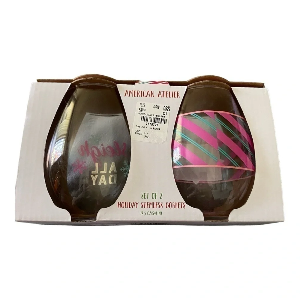 NWT-AMERICAN ATELIER-TWO HOLIDAY STEMLESS WINE  GLASSES